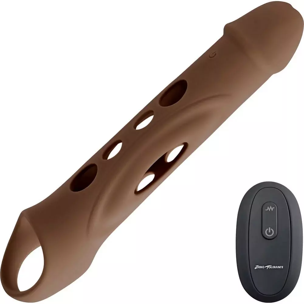 Big Boy Vibrating Silicone Penis Extender with Remote In Brown